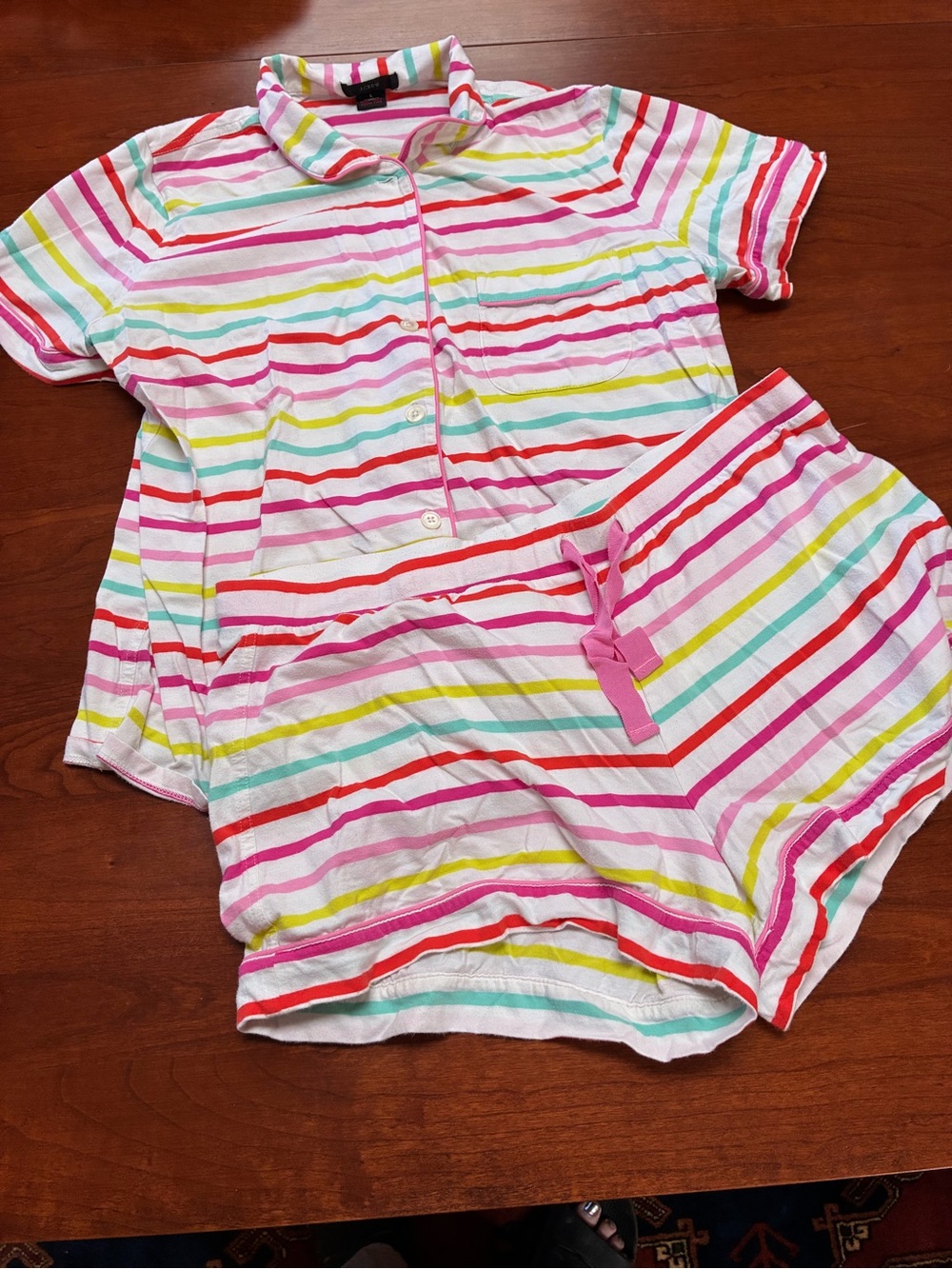 J CREW Dreamy Rainbow Stripe Short Sleeve 2-PC Knit Pajama Shorts Top Set Size L